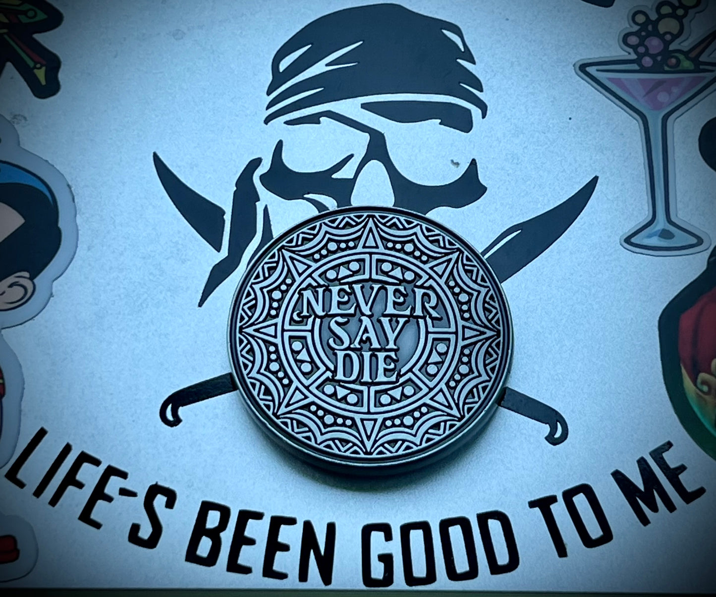Antiqued Silver NEVER SAY DIE coin
