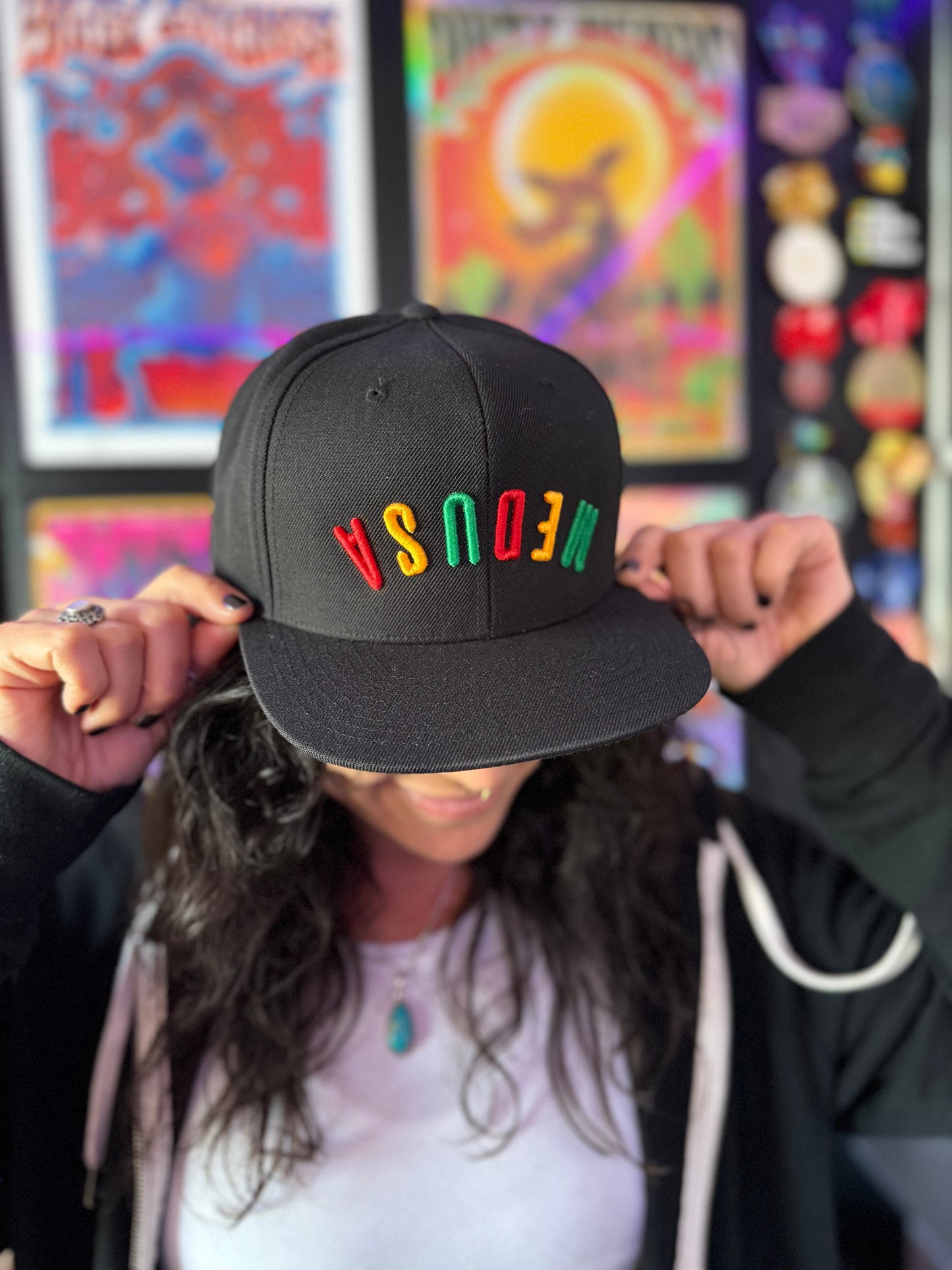 Red, Gold, Green Medusa flat bill hat