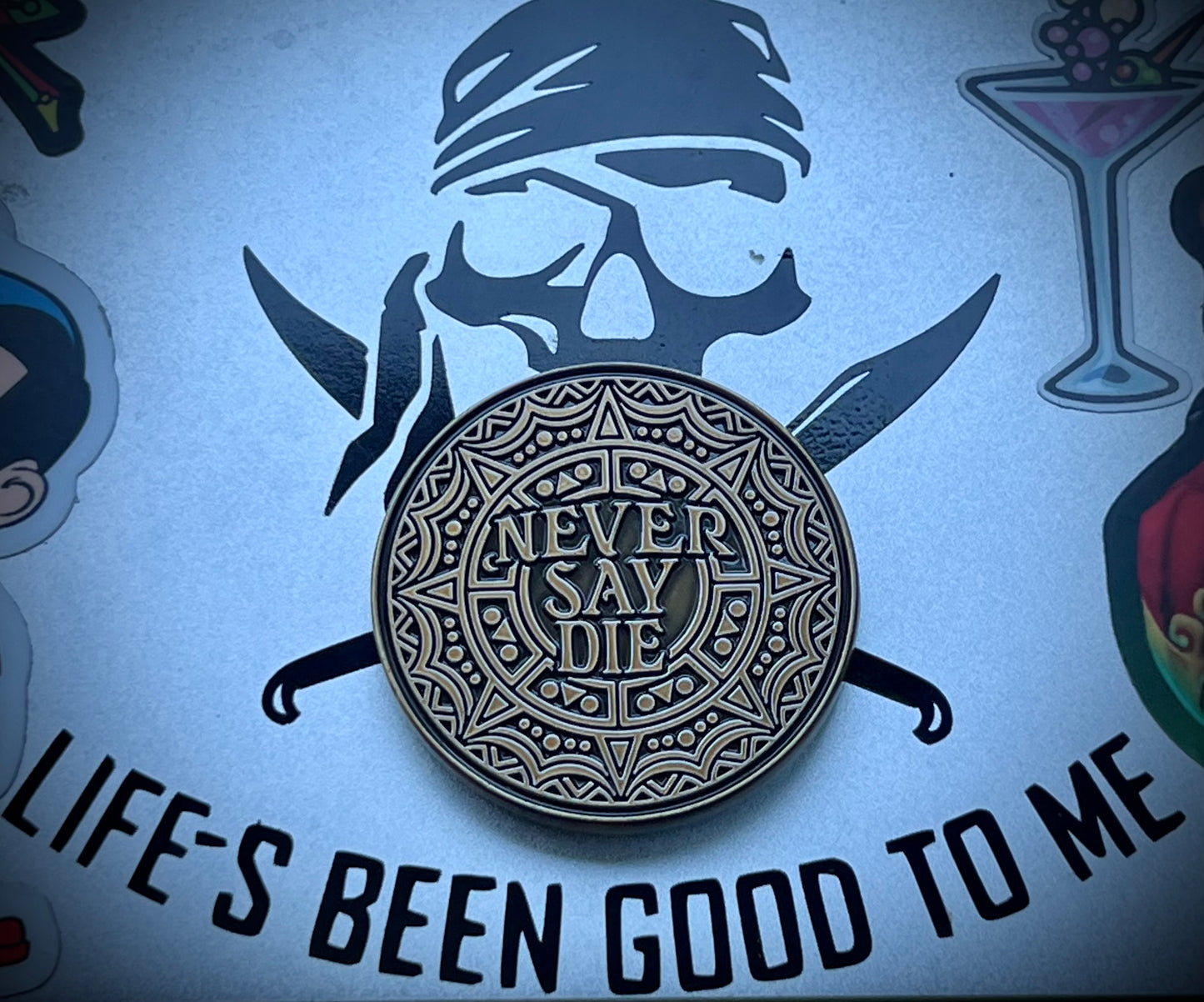Antiqued Gold NEVER SAY DIE coin